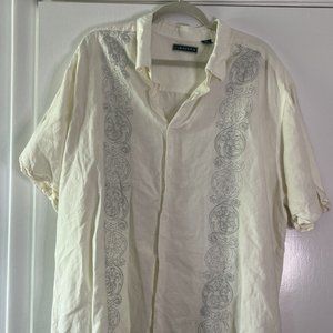 Cubavera Linen Shirt Mens XL White Blue Embroidered Button Up Short Sleeve
